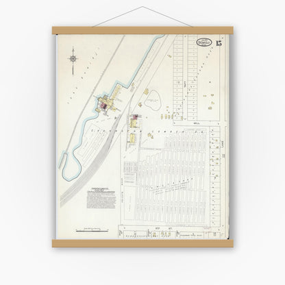 Old map wall art mockup — magnetic wood frame on white wall — Sanborn Fire Insurance Map from Bemidji, Beltrami County, Minnesota (1914), Sheet #0015