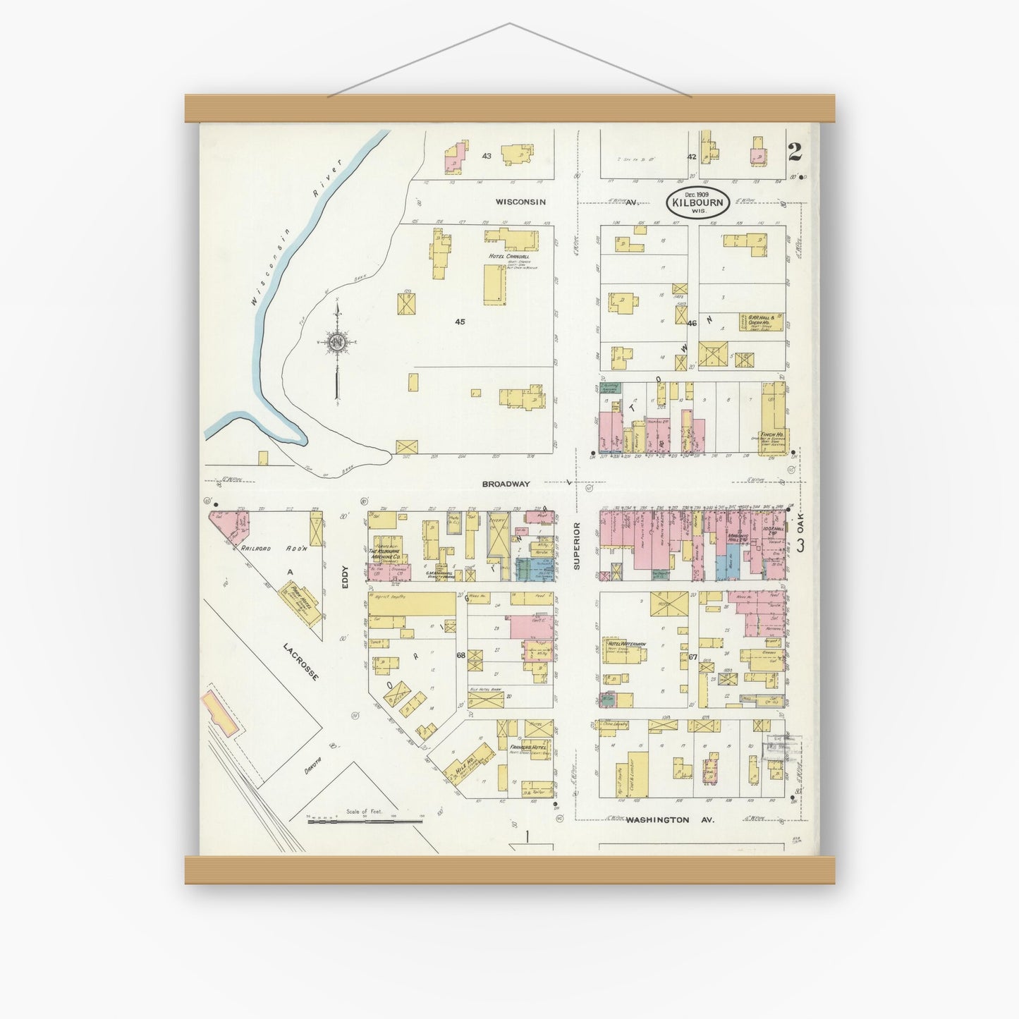 Old map wall art mockup — magnetic wood frame on white wall — Sanborn Fire Insurance Map from Kilbourn, Columbia County, Wisconsin (1909), Sheet #0002