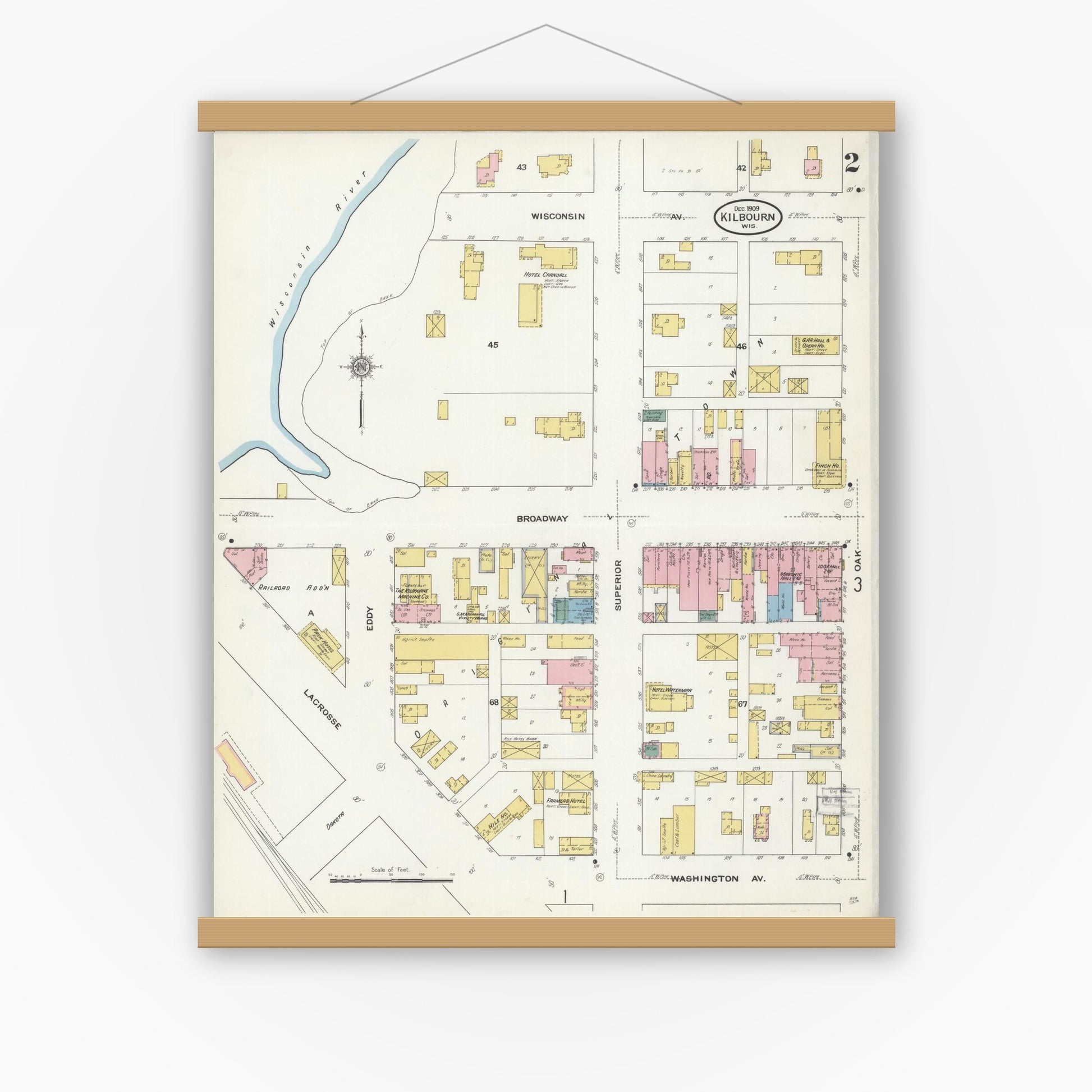 Old map wall art mockup — magnetic wood frame on white wall — Sanborn Fire Insurance Map from Kilbourn, Columbia County, Wisconsin (1909), Sheet #0002