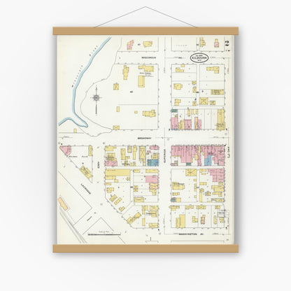 Old map wall art mockup — magnetic wood frame on white wall — Sanborn Fire Insurance Map from Kilbourn, Columbia County, Wisconsin (1909), Sheet #0002