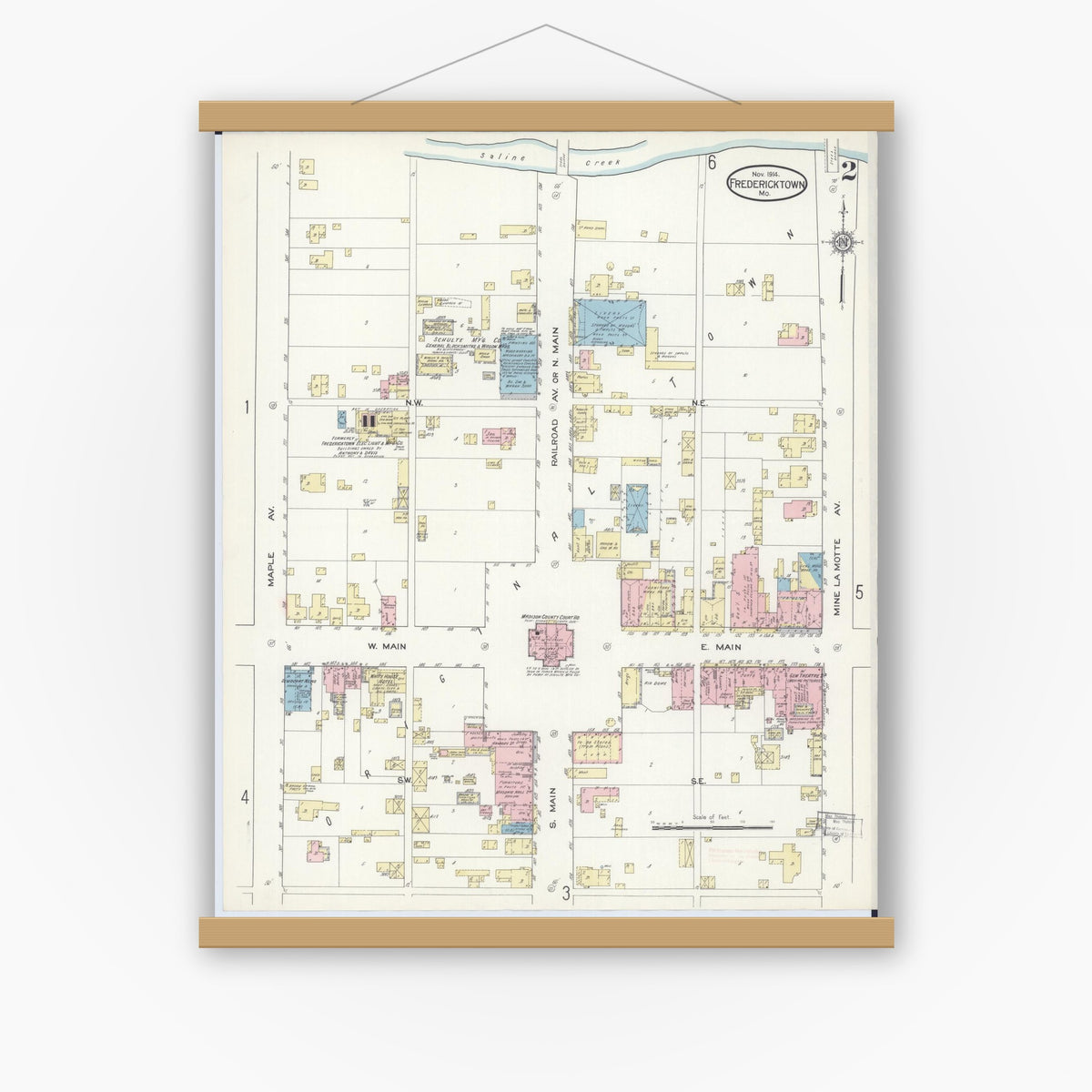 Old map wall art mockup — magnetic wood frame on white wall — Sanborn Fire Insurance Map from Fredericktown, Madison County, Missouri (1914), Sheet #0002