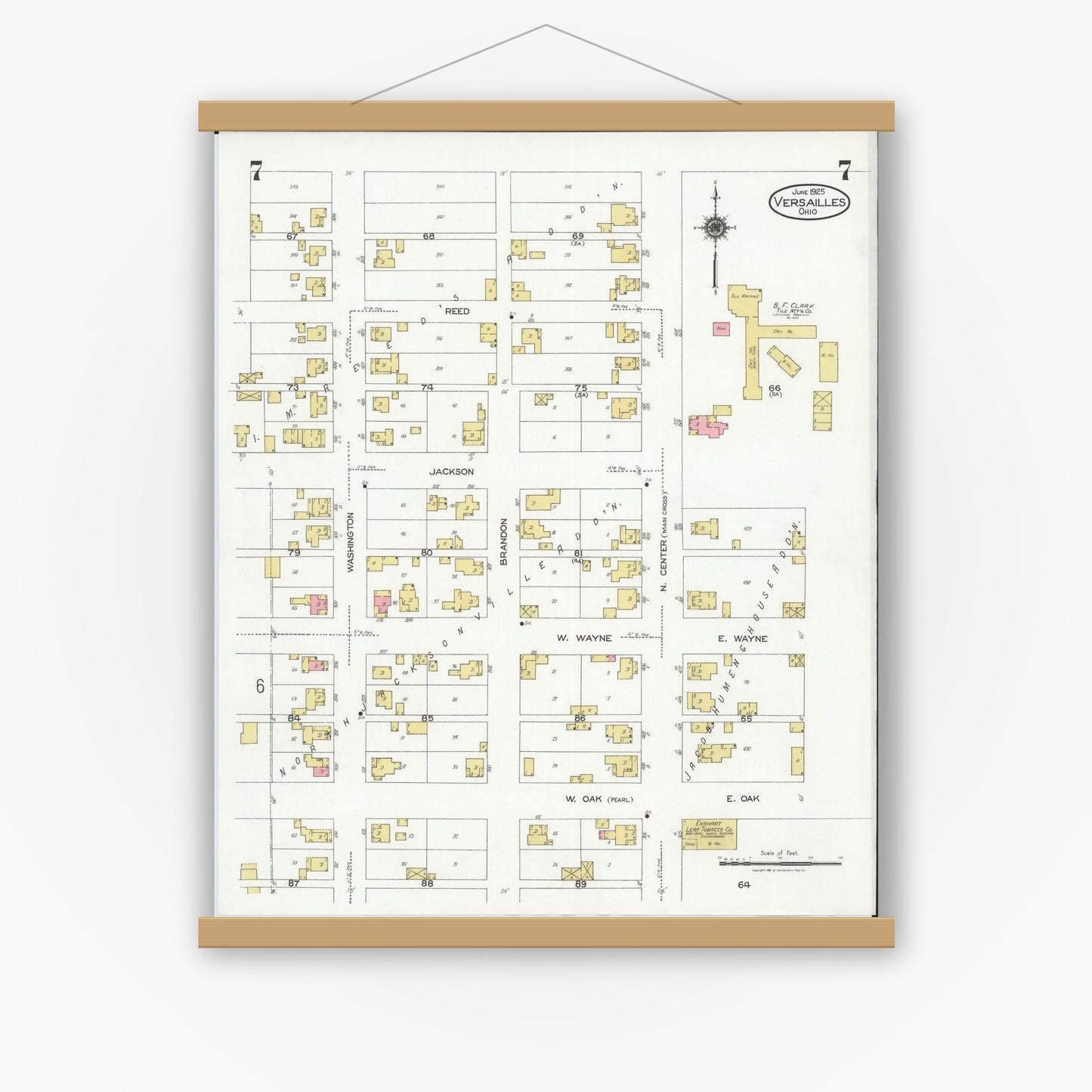 Old map wall art mockup — magnetic wood frame on white wall — Sanborn Fire Insurance Map from Versailles, Darke County, Ohio (1925), Sheet #0007