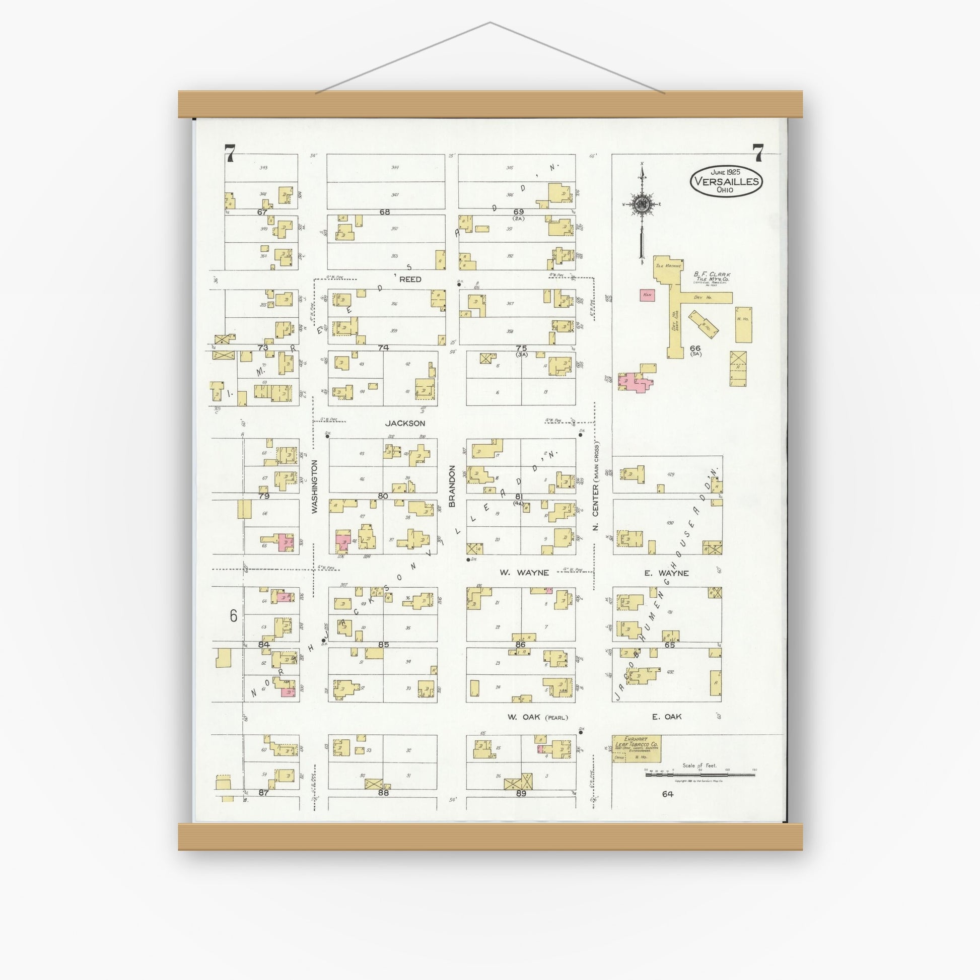 Old map wall art mockup — magnetic wood frame on white wall — Sanborn Fire Insurance Map from Versailles, Darke County, Ohio (1925), Sheet #0007