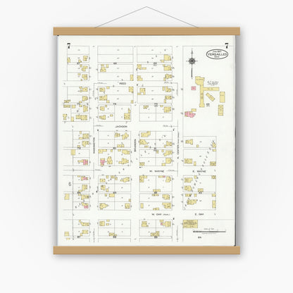 Old map wall art mockup — magnetic wood frame on white wall — Sanborn Fire Insurance Map from Versailles, Darke County, Ohio (1925), Sheet #0007