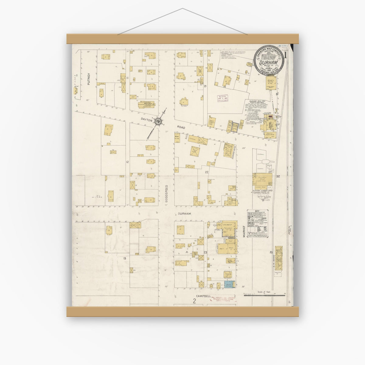 Old map wall art mockup — magnetic wood frame on white wall — Sanborn Fire Insurance Map from Durham, Butte County, California (1914) - Complete Map Set