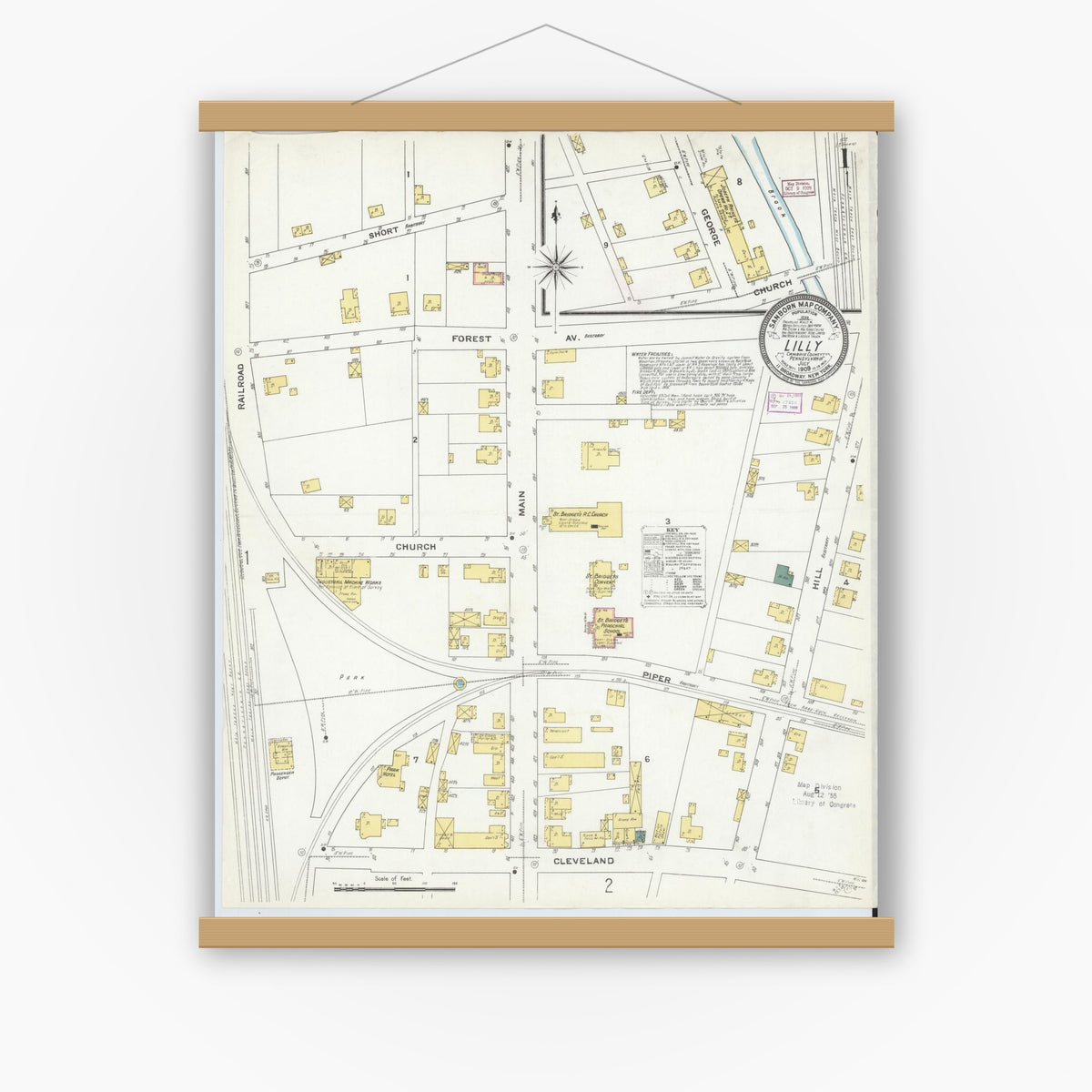Old map wall art mockup — magnetic wood frame on white wall — Sanborn Fire Insurance Map from Lilly, Cambria County, Pennsylvania (1909), Sheet #0001
