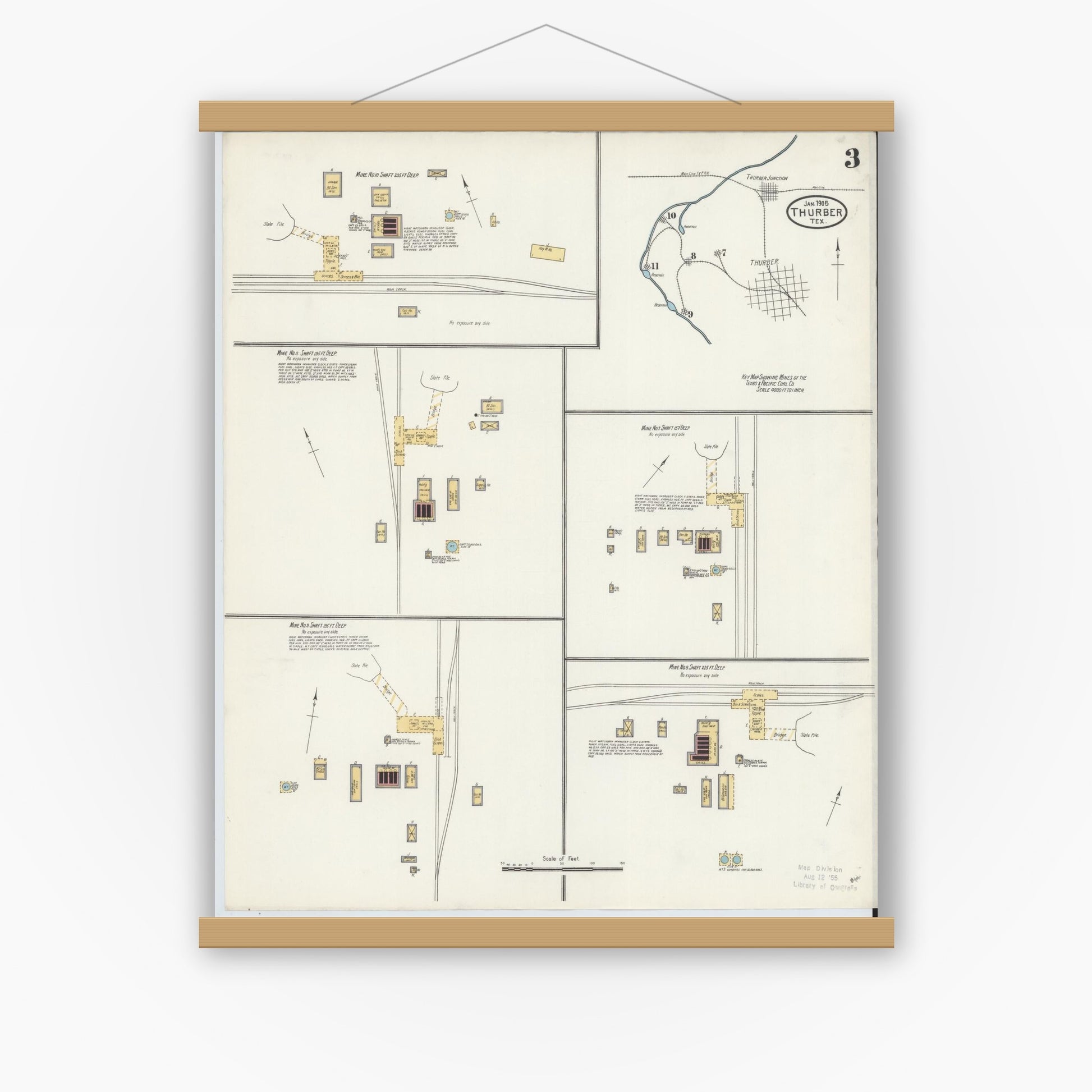 Old map wall art mockup — magnetic wood frame on white wall — Sanborn Fire Insurance Map from Thurber, Erath County, Texas (1905), Sheet #0003