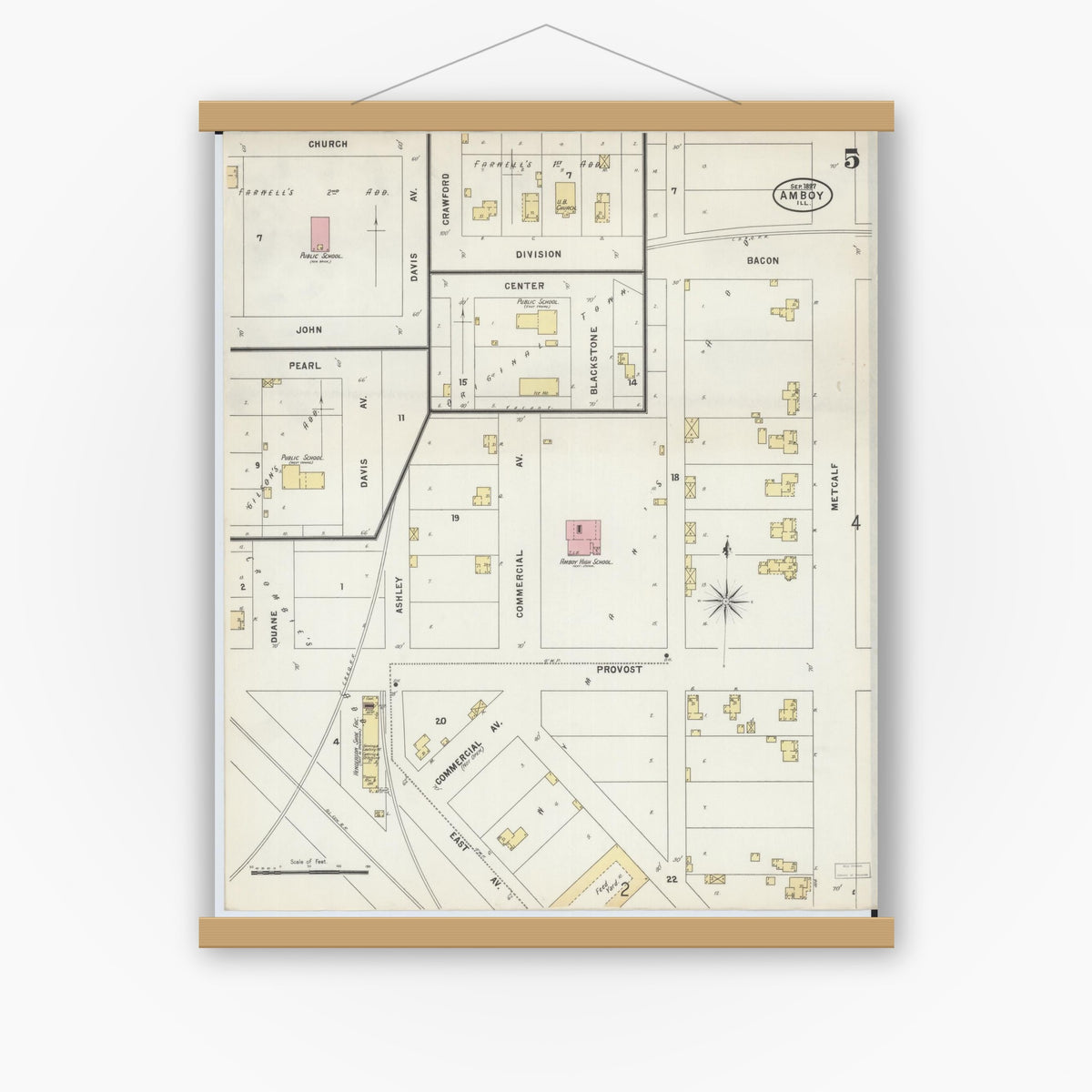 Old map wall art mockup — magnetic wood frame on white wall — Sanborn Fire Insurance Map from Amboy, Lee County, Illinois (1897), Sheet #0005