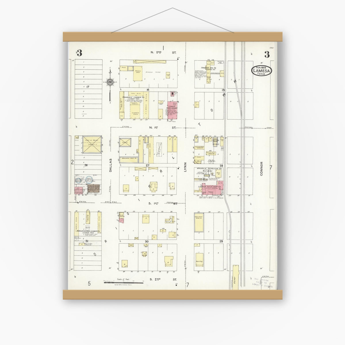 Old map wall art mockup — magnetic wood frame on white wall — Sanborn Fire Insurance Map from Lamesa, Dawson County, Texas (1925), Sheet #0003