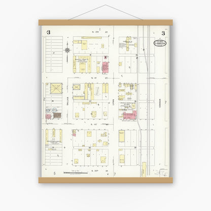 Old map wall art mockup — magnetic wood frame on white wall — Sanborn Fire Insurance Map from Lamesa, Dawson County, Texas (1925), Sheet #0003