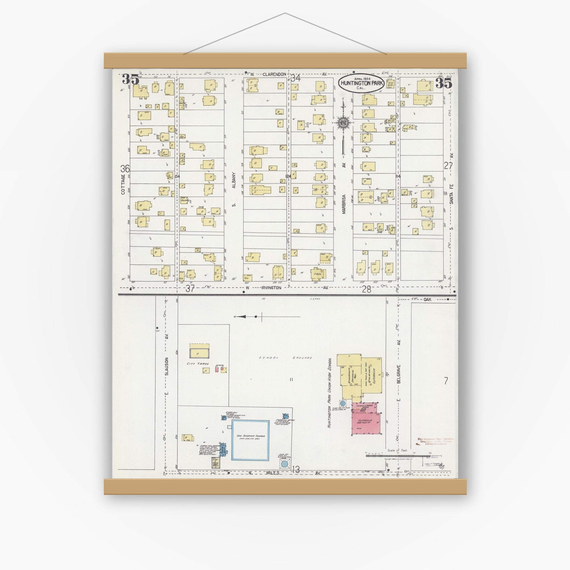 Old map wall art mockup — magnetic wood frame on white wall — Sanborn Fire Insurance Map from Huntington Park, Los Angeles County, California (1924), Sheet #0035