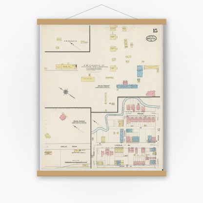 Old map wall art mockup — magnetic wood frame on white wall — Sanborn Fire Insurance Map from Bristol, Bucks County, Pennsylvania (1915), Sheet #0015