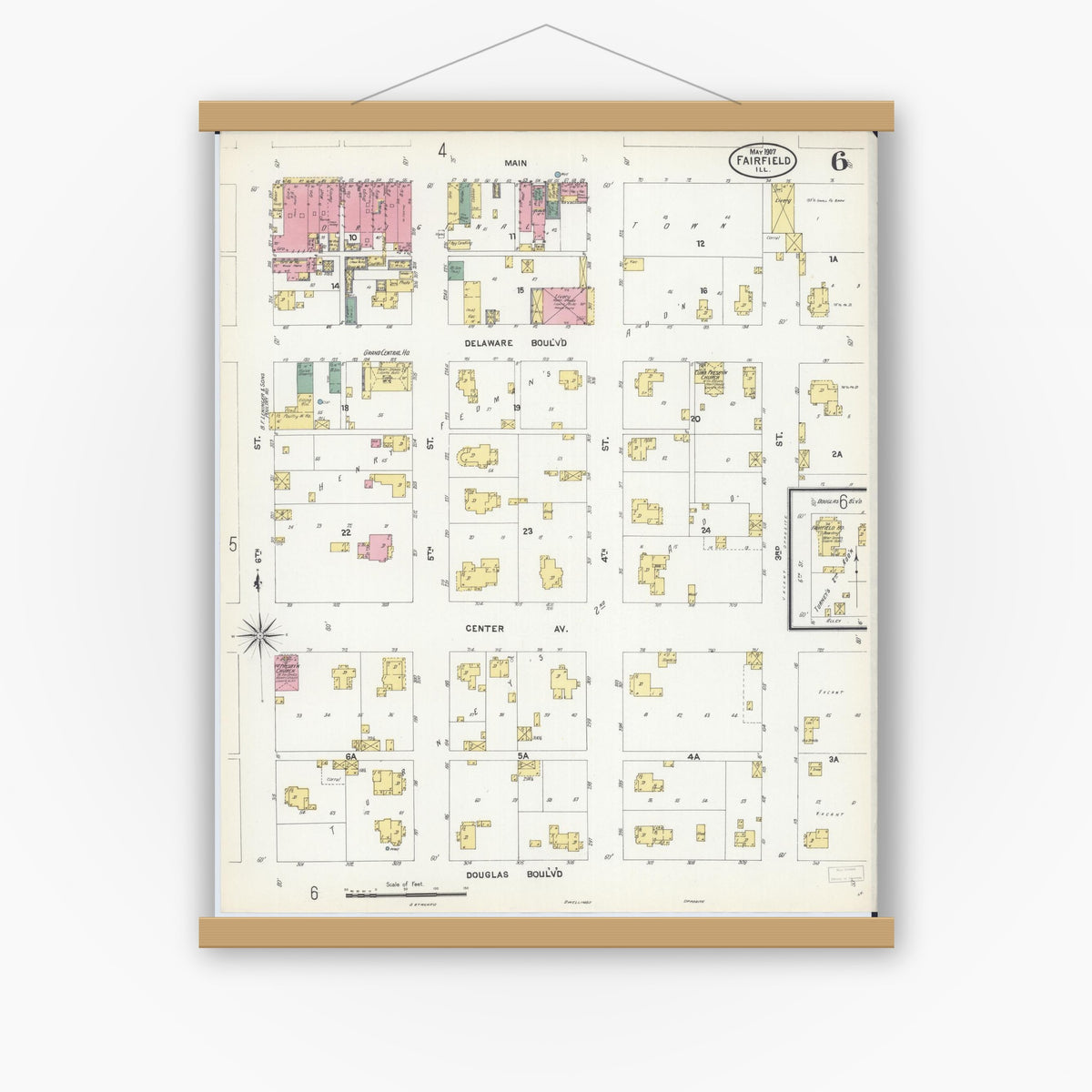 Old map wall art mockup — magnetic wood frame on white wall — Sanborn Fire Insurance Map from Fairfield, Wayne County, Illinois (1907), Sheet #0006