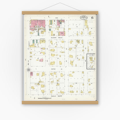 Old map wall art mockup — magnetic wood frame on white wall — Sanborn Fire Insurance Map from Fairfield, Wayne County, Illinois (1907), Sheet #0006