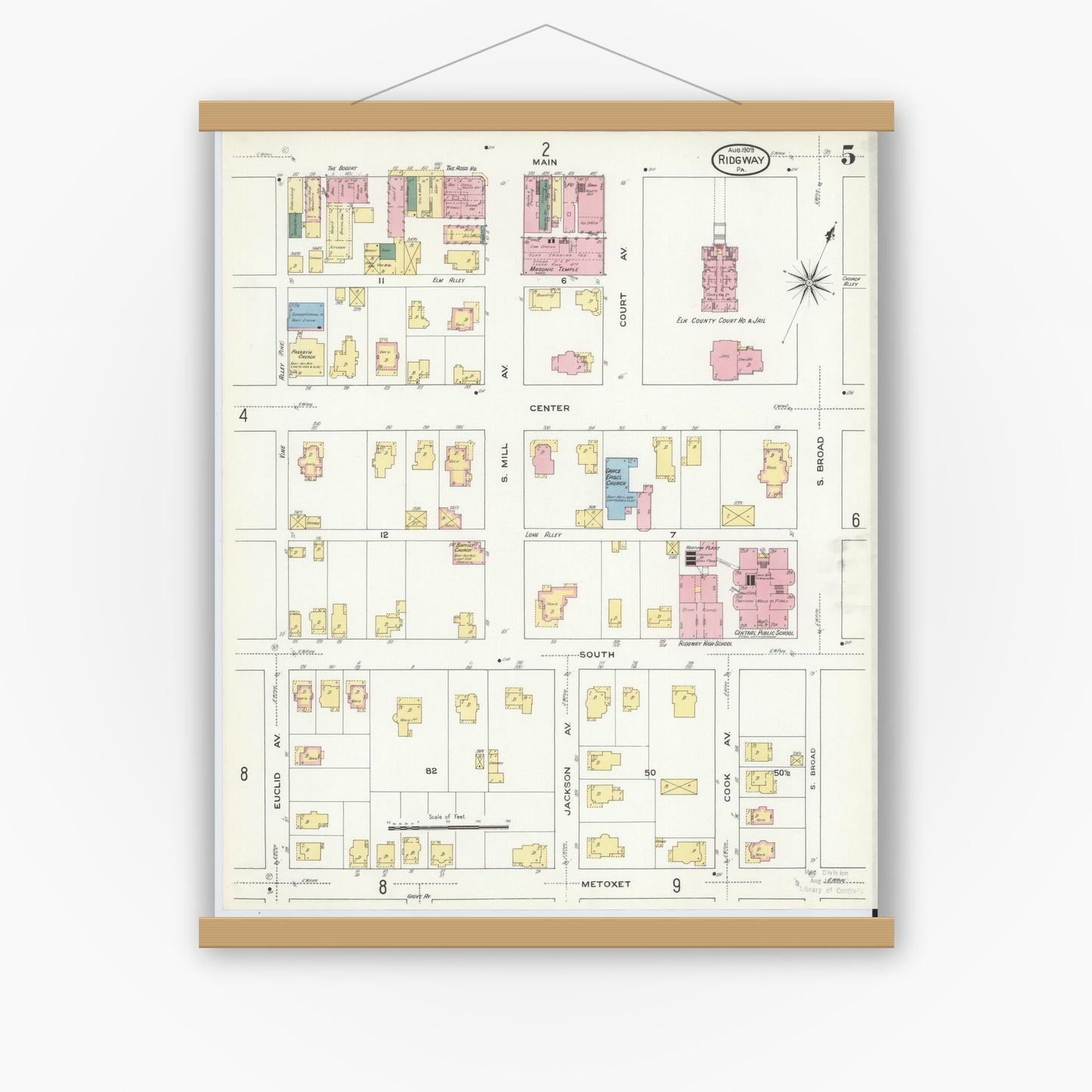 Old map wall art mockup — magnetic wood frame on white wall — Sanborn Fire Insurance Map from Ridgway, Elk County, Pennsylvania (1909), Sheet #0005