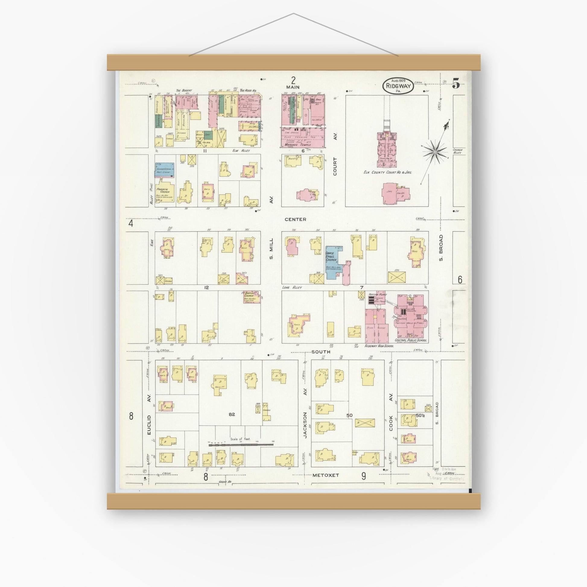 Old map wall art mockup — magnetic wood frame on white wall — Sanborn Fire Insurance Map from Ridgway, Elk County, Pennsylvania (1909), Sheet #0005