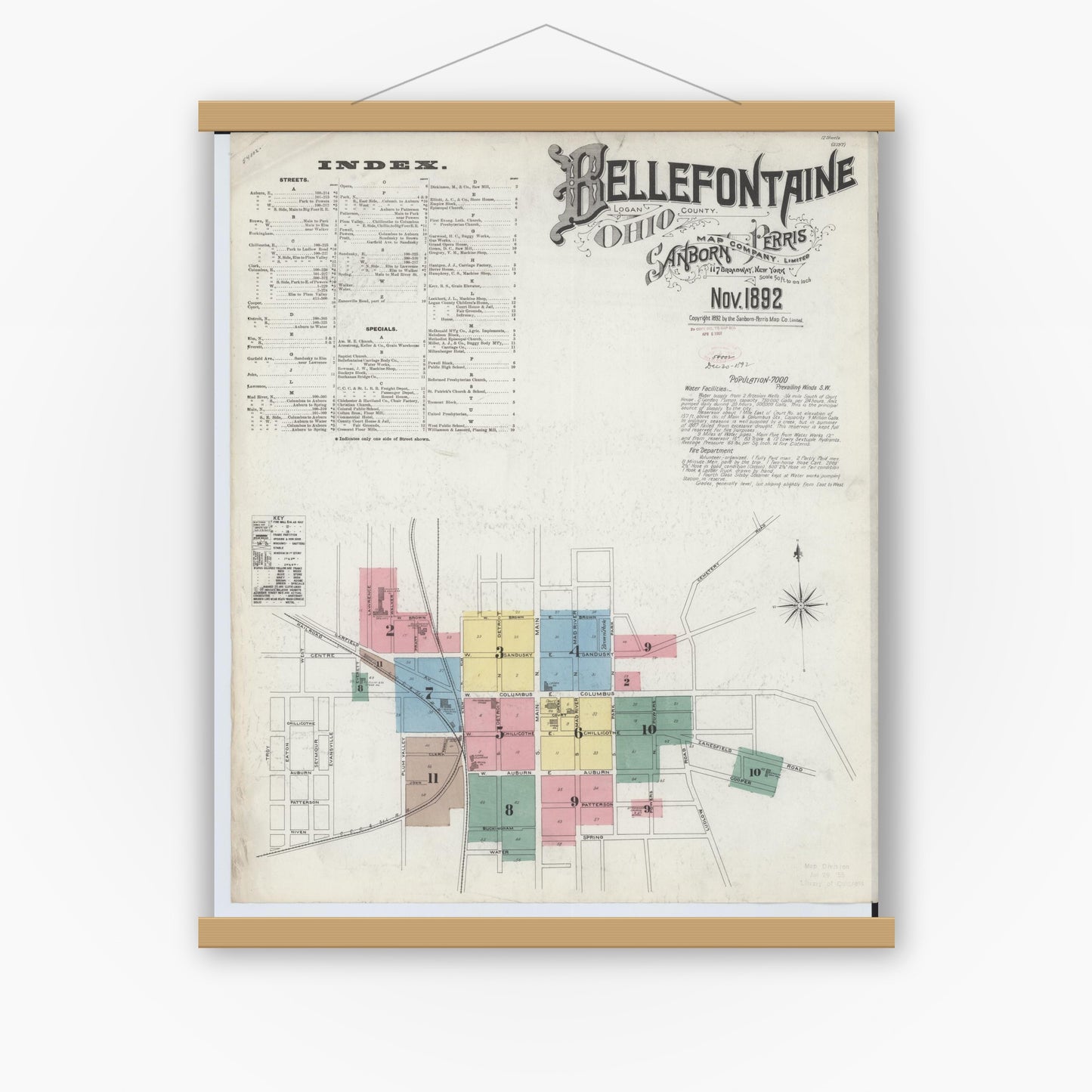 Old map wall art mockup — magnetic wood frame on white wall — Sanborn Fire Insurance Map from Bellefontaine, Logan County, Ohio (1892) - Complete Map Set