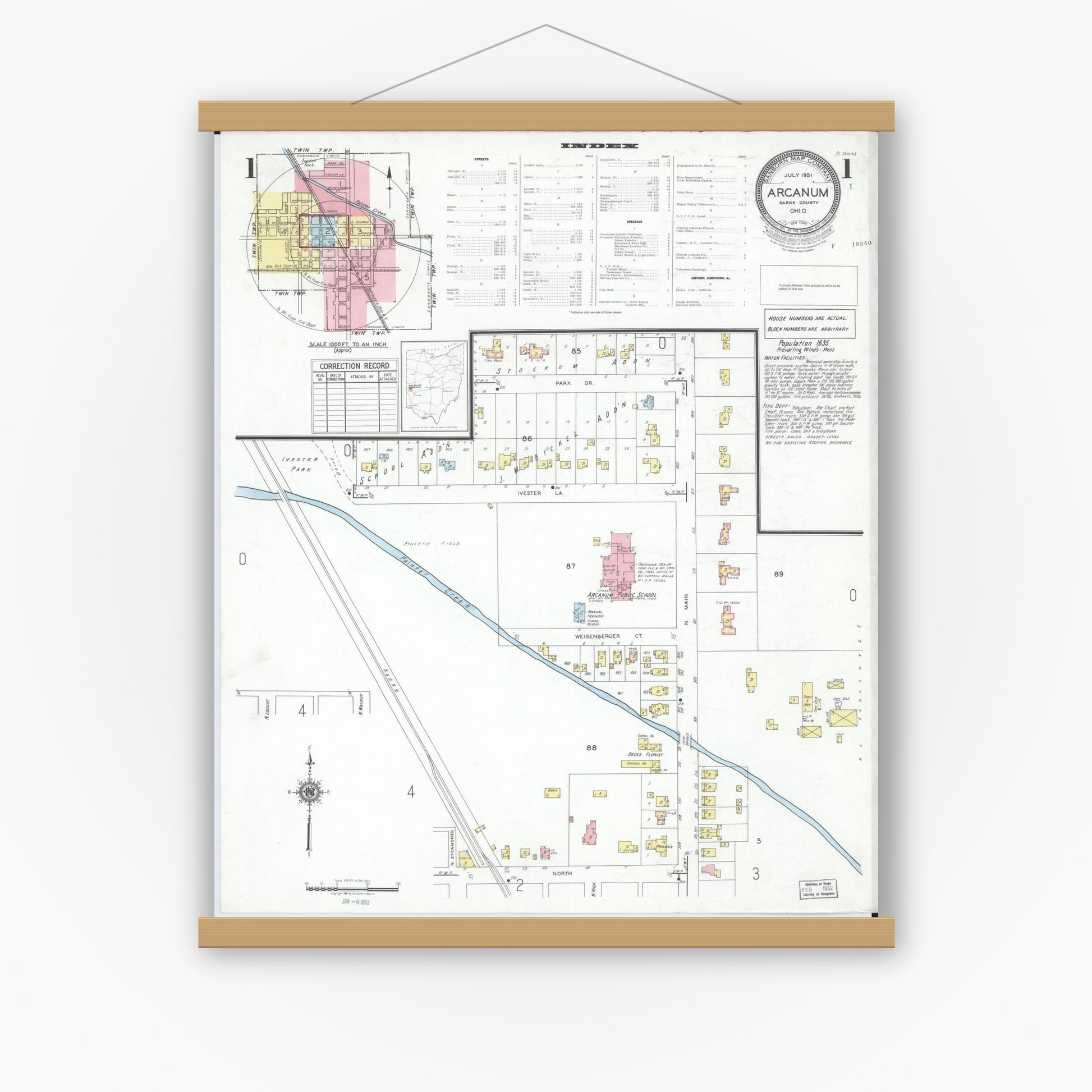 Old map wall art mockup — magnetic wood frame on white wall — Sanborn Fire Insurance Map from Arcanum, Darke County, Ohio (1951) - Complete Map Set