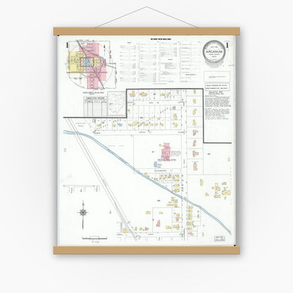 Old map wall art mockup — magnetic wood frame on white wall — Sanborn Fire Insurance Map from Arcanum, Darke County, Ohio (1951) - Complete Map Set