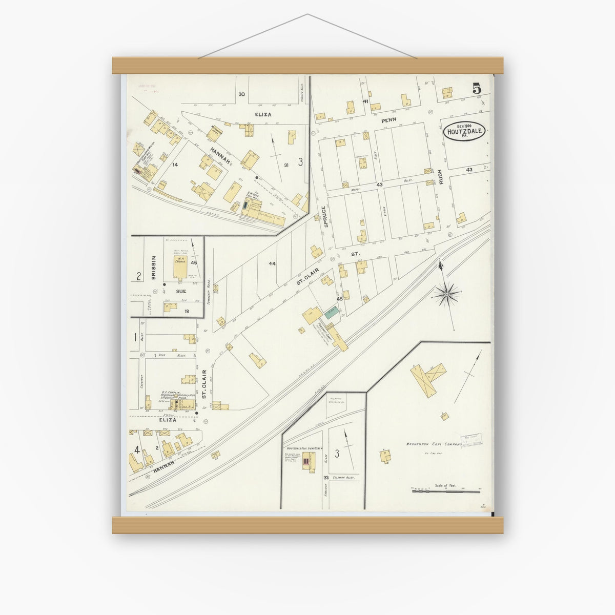 Old map wall art mockup — magnetic wood frame on white wall — Sanborn Fire Insurance Map from Houtzdale, Clearfield County, Pennsylvania (1904), Sheet #0005