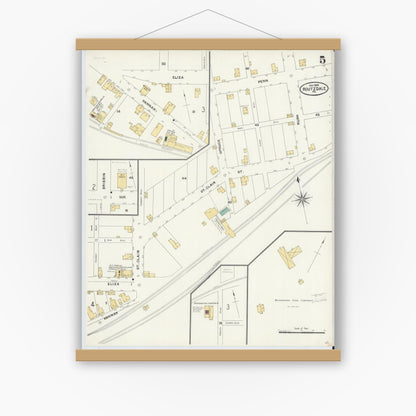Old map wall art mockup — magnetic wood frame on white wall — Sanborn Fire Insurance Map from Houtzdale, Clearfield County, Pennsylvania (1904), Sheet #0005