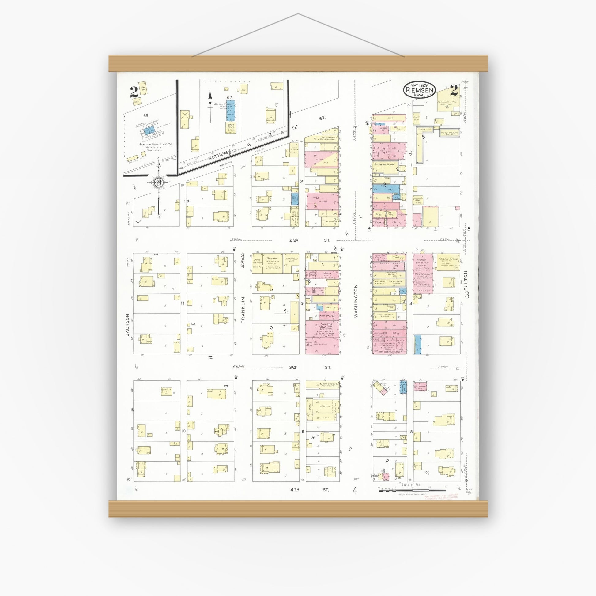 Old map wall art mockup — magnetic wood frame on white wall — Sanborn Fire Insurance Map from Remsen, Plymouth County, Iowa (1929), Sheet #0002