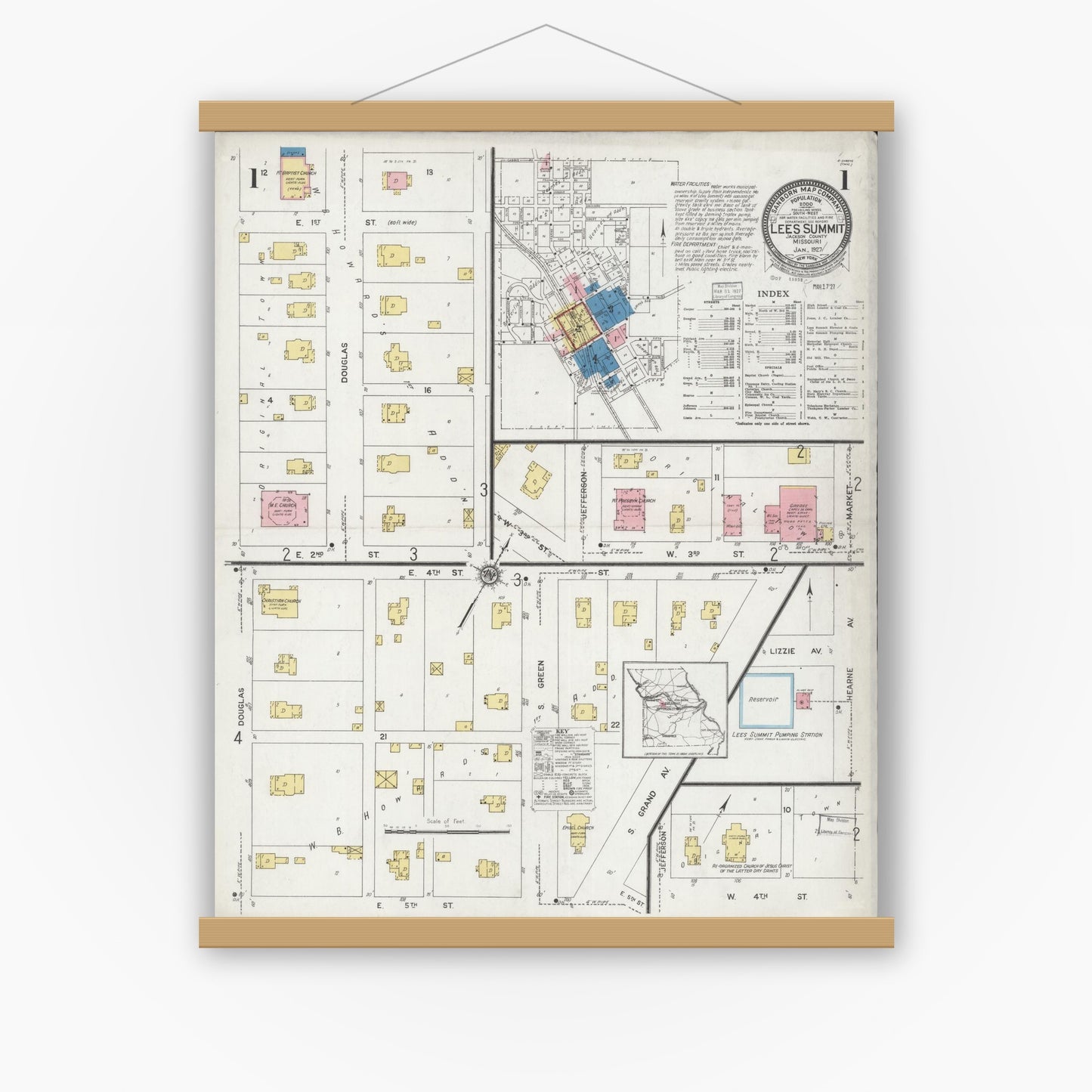 Old map wall art mockup — magnetic wood frame on white wall — Sanborn Fire Insurance Map from Lee's Summit, Jackson County, Missouri (1927), Sheet #0001