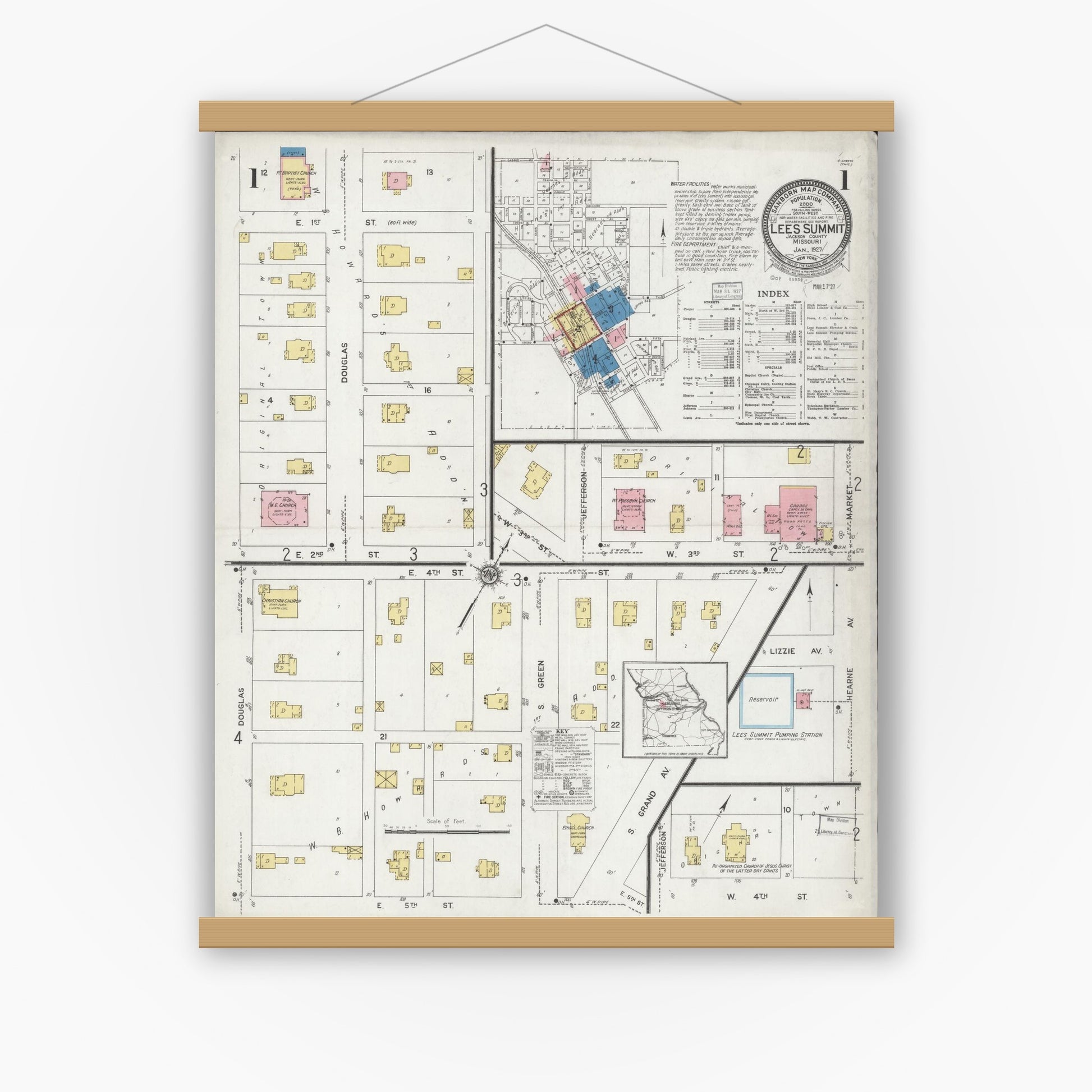 Old map wall art mockup — magnetic wood frame on white wall — Sanborn Fire Insurance Map from Lee's Summit, Jackson County, Missouri (1927), Sheet #0001