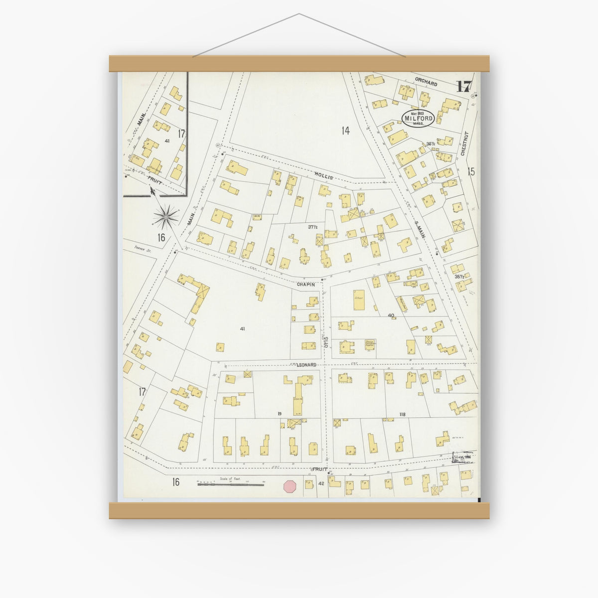 Old map wall art mockup — magnetic wood frame on white wall — Sanborn Fire Insurance Map from Milford, Worcester County, Massachusetts (1903), Sheet #0017