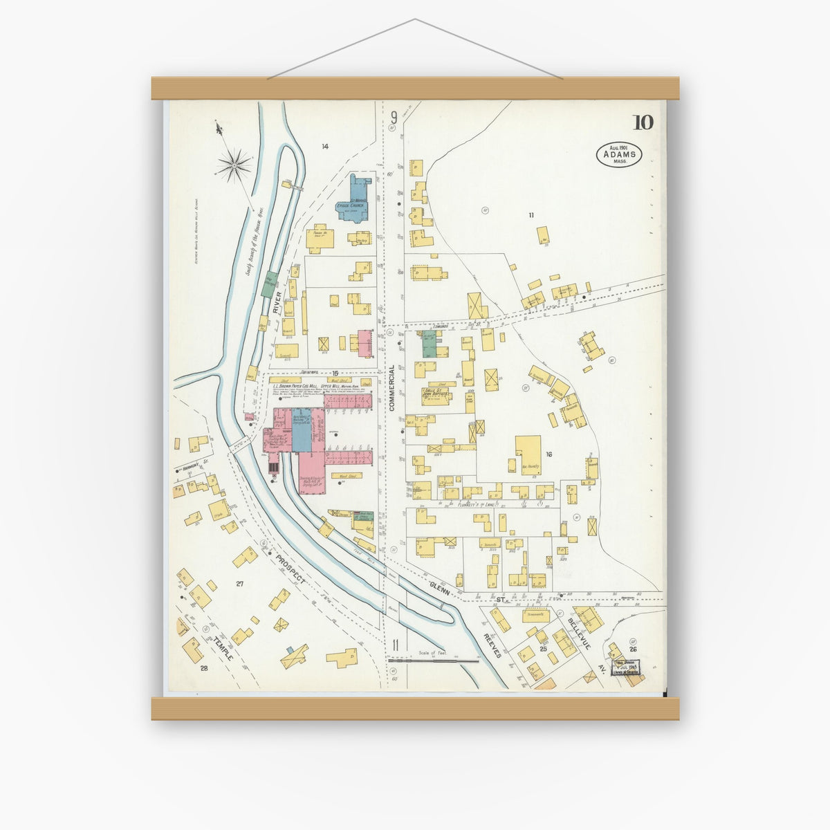 Old map wall art mockup — magnetic wood frame on white wall — Sanborn Fire Insurance Map from Adams, Berkshire County, Massachusetts (1901), Sheet #0010