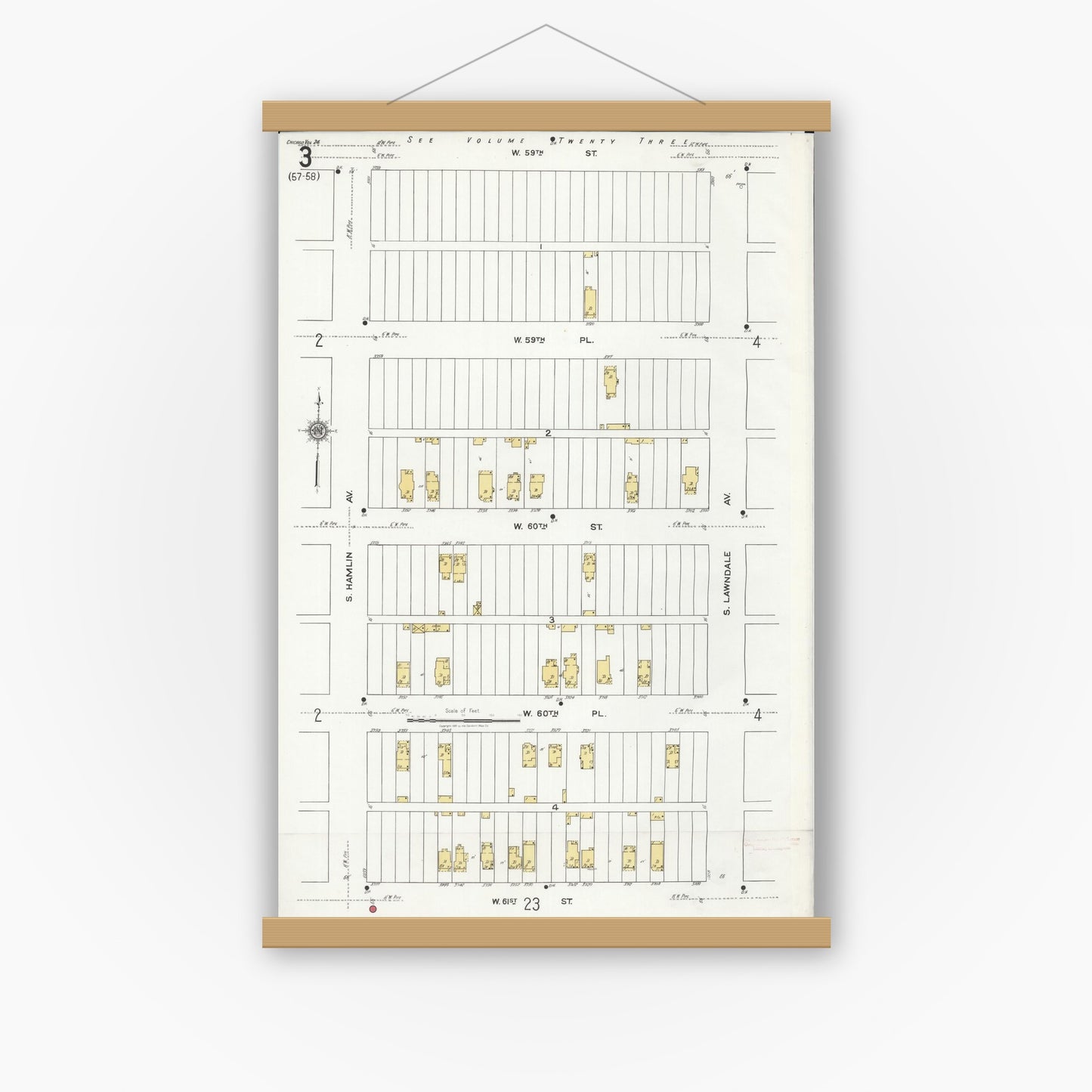 Old map wall art mockup — magnetic wood frame on white wall — Sanborn Fire Insurance Map from Chicago, Cook County, Illinois (1920), Sheet #0003