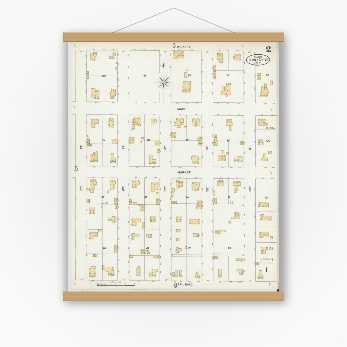Old map wall art mockup — magnetic wood frame on white wall — Sanborn Fire Insurance Map from Honey Grove, Fannin County, Texas (1897), Sheet #0002