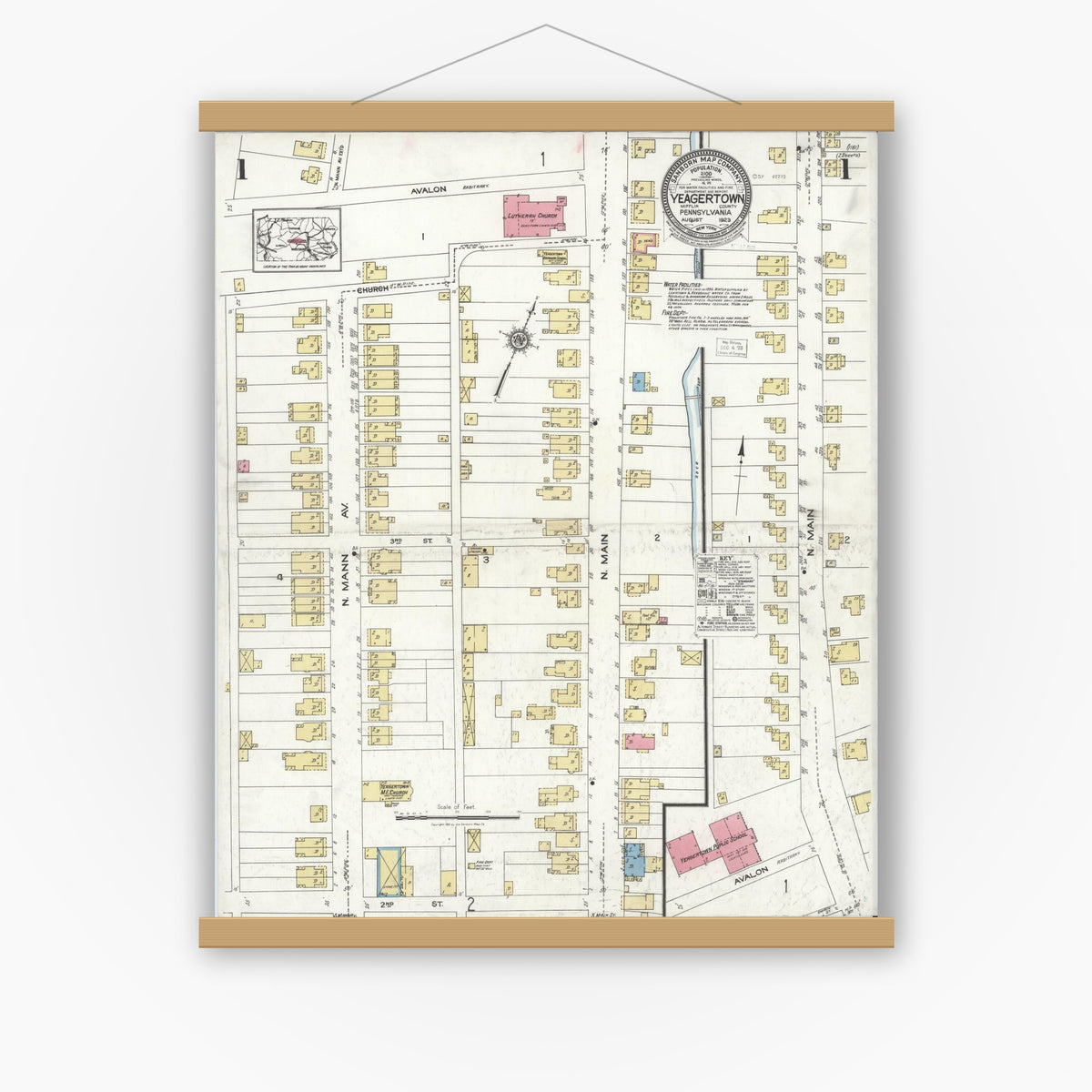 Old map wall art mockup — magnetic wood frame on white wall — Sanborn Fire Insurance Map from Yeagertown, Mifflin County, Pennsylvania (1923), Sheet #0001