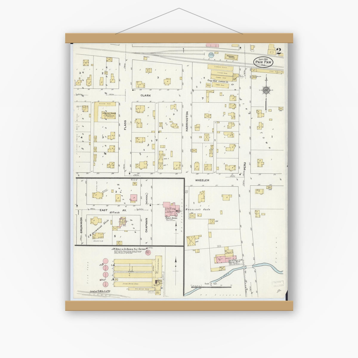 Old map wall art mockup — magnetic wood frame on white wall — Sanborn Fire Insurance Map from Paw Paw, Lee County, Illinois (1910), Sheet #0002