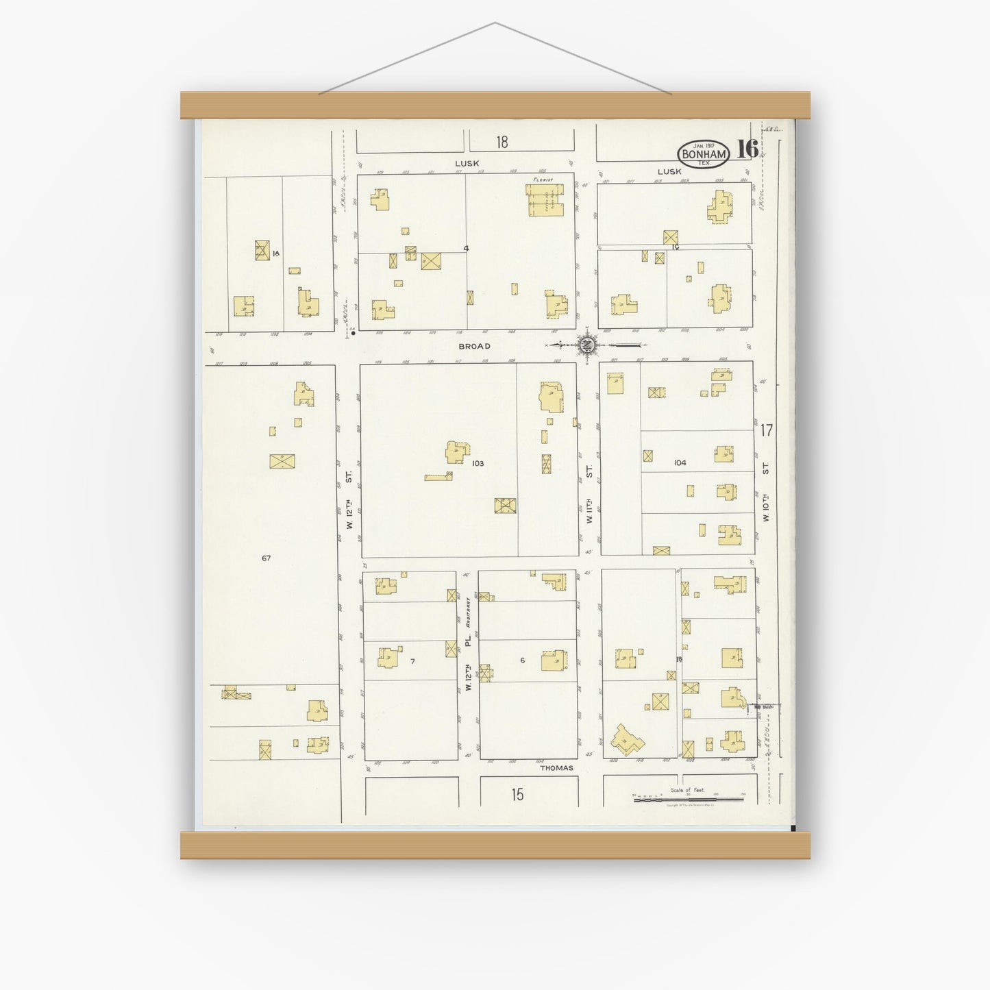 Old map wall art mockup — magnetic wood frame on white wall — Sanborn Fire Insurance Map from Bonham, Fannin County, Texas (1917), Sheet #0016