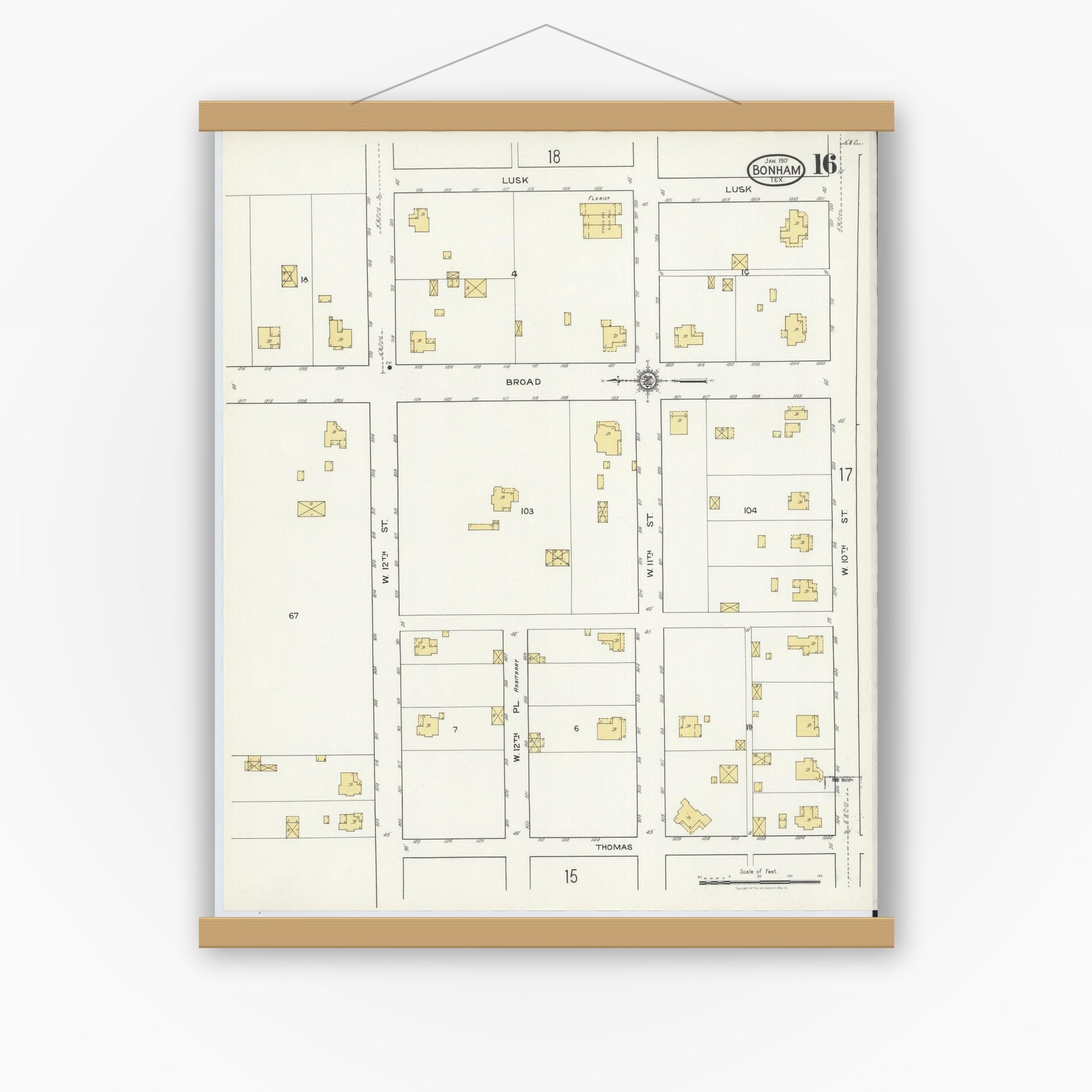 Old map wall art mockup — magnetic wood frame on white wall — Sanborn Fire Insurance Map from Bonham, Fannin County, Texas (1917), Sheet #0016