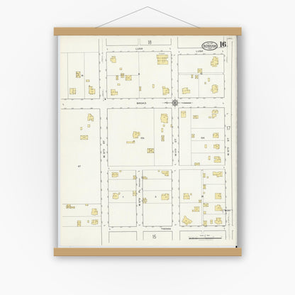 Old map wall art mockup — magnetic wood frame on white wall — Sanborn Fire Insurance Map from Bonham, Fannin County, Texas (1917), Sheet #0016