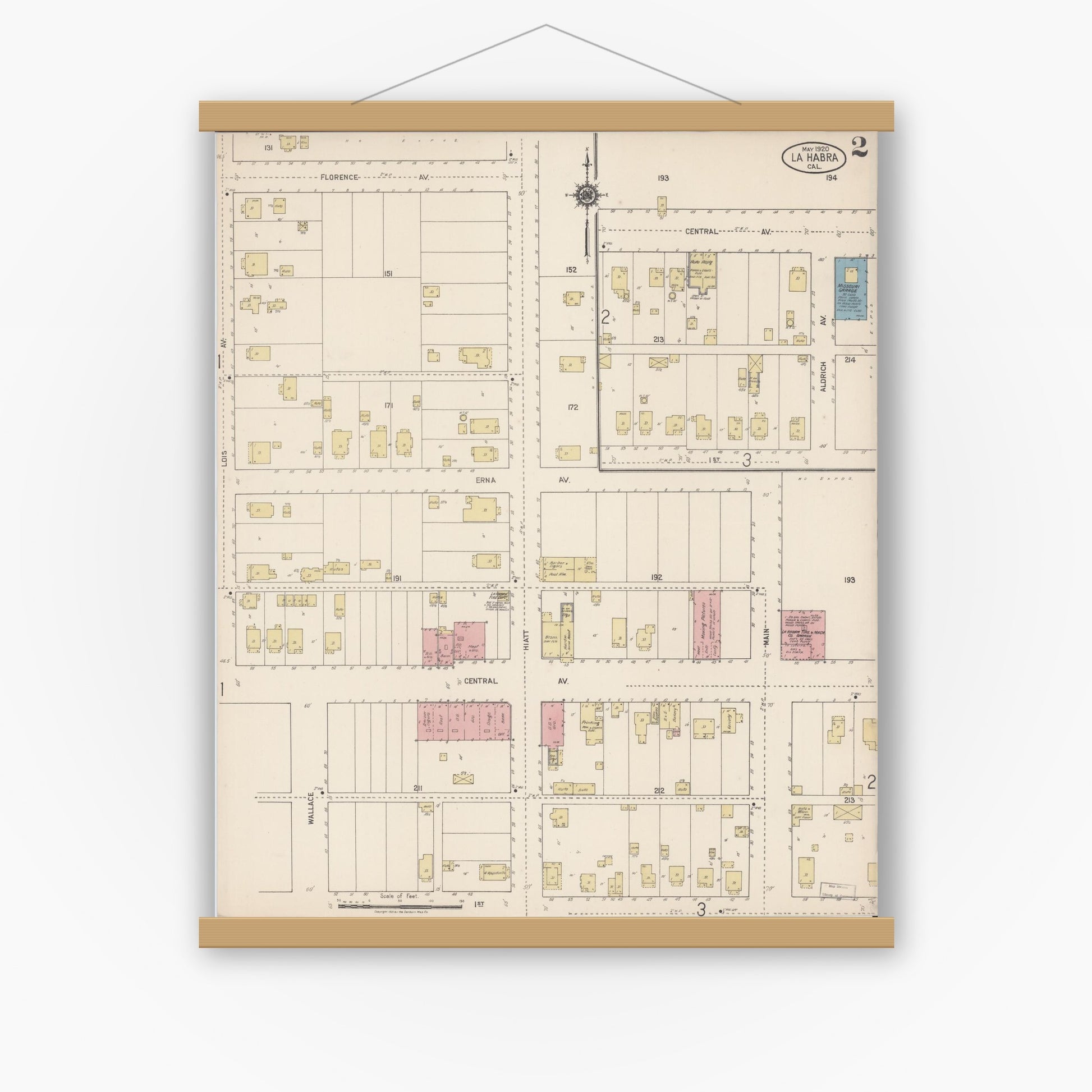 Old map wall art mockup — magnetic wood frame on white wall — Sanborn Fire Insurance Map from La Habra, Orange County, California (1920), Sheet #0002