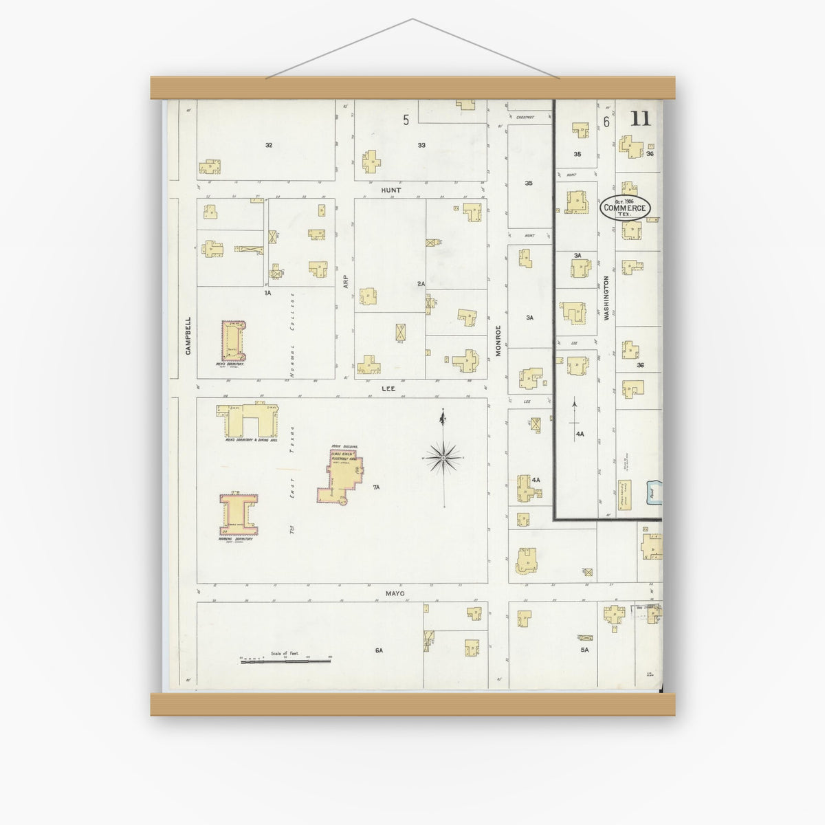 Old map wall art mockup — magnetic wood frame on white wall — Sanborn Fire Insurance Map from Commerce, Hunt County, Texas (1906), Sheet #0011