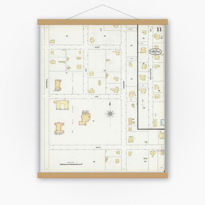 Old map wall art mockup — magnetic wood frame on white wall — Sanborn Fire Insurance Map from Commerce, Hunt County, Texas (1906), Sheet #0011