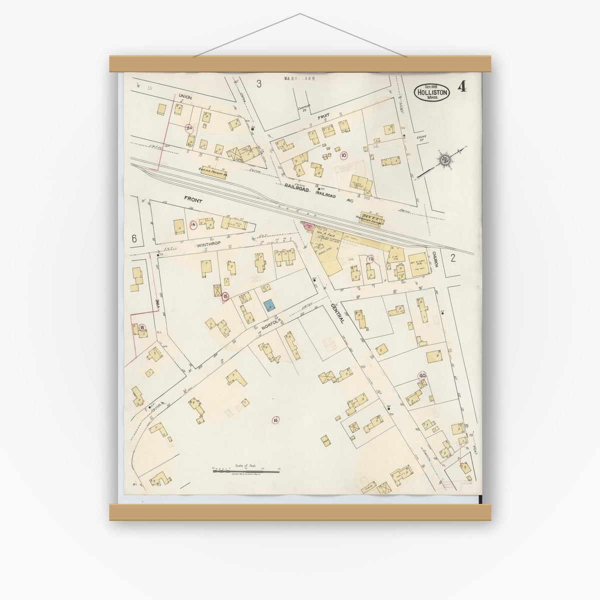Old map wall art mockup — magnetic wood frame on white wall — Sanborn Fire Insurance Map from Holliston, Middlesex County, Massachusetts (1942), Sheet #0004