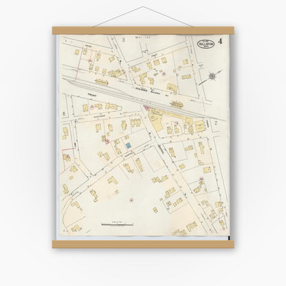 Old map wall art mockup — magnetic wood frame on white wall — Sanborn Fire Insurance Map from Holliston, Middlesex County, Massachusetts (1942), Sheet #0004