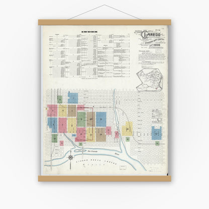 Old map wall art mockup — magnetic wood frame on white wall — Sanborn Fire Insurance Map from Laredo, Webb County, Texas (1916) - Complete Map Set
