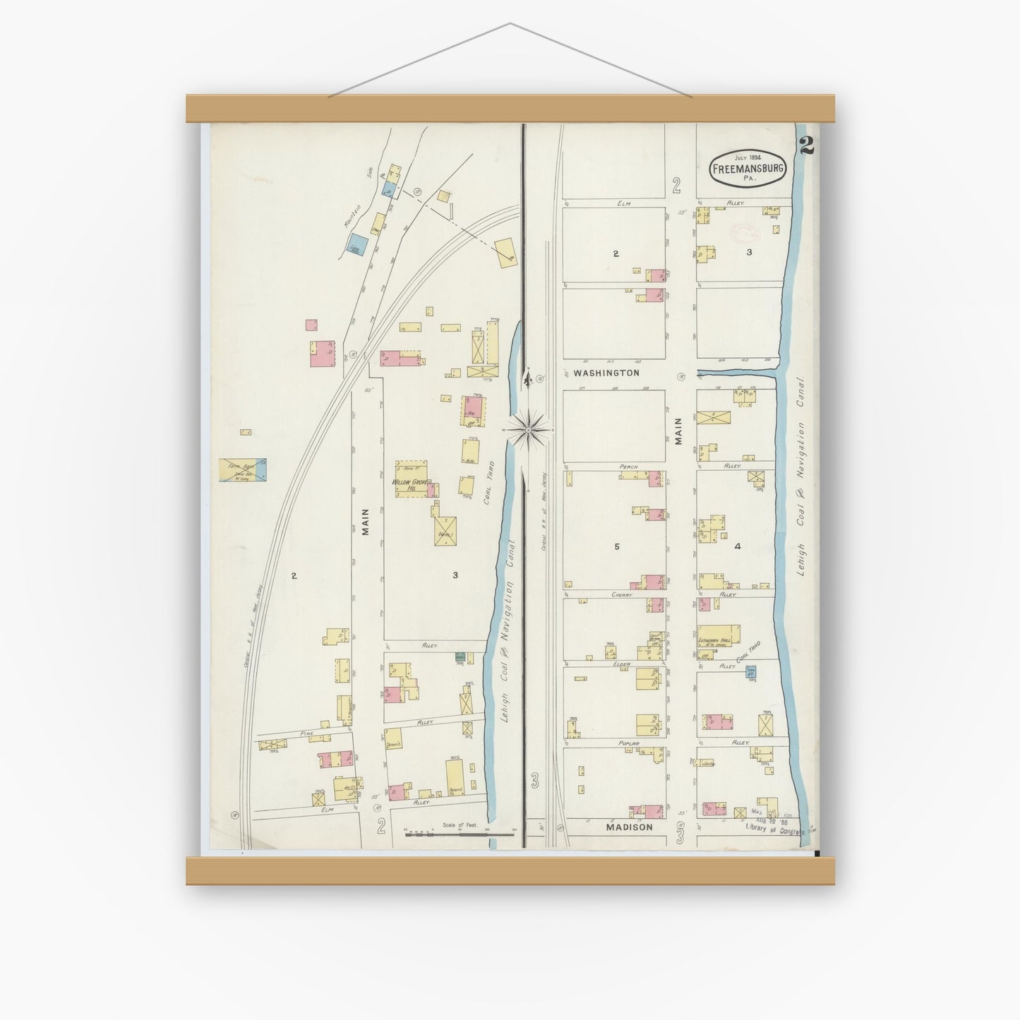 Old map wall art mockup — magnetic wood frame on white wall — Sanborn Fire Insurance Map from Freemansburg, Northampton County, Pennsylvania (1894), Sheet #0002