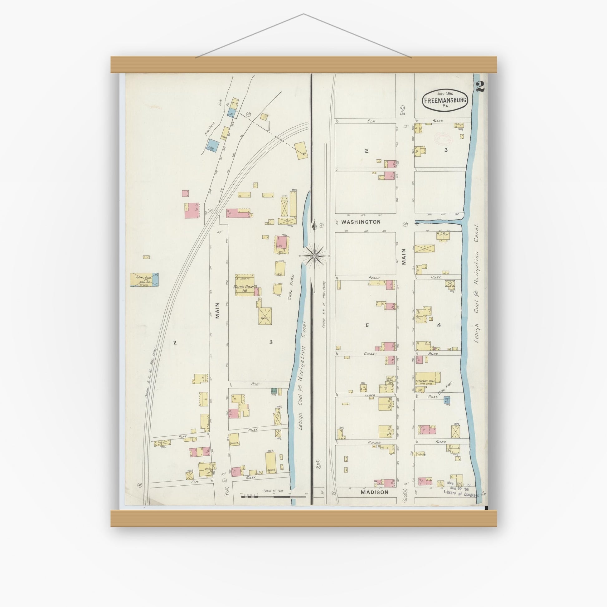 Old map wall art mockup — magnetic wood frame on white wall — Sanborn Fire Insurance Map from Freemansburg, Northampton County, Pennsylvania (1894), Sheet #0002