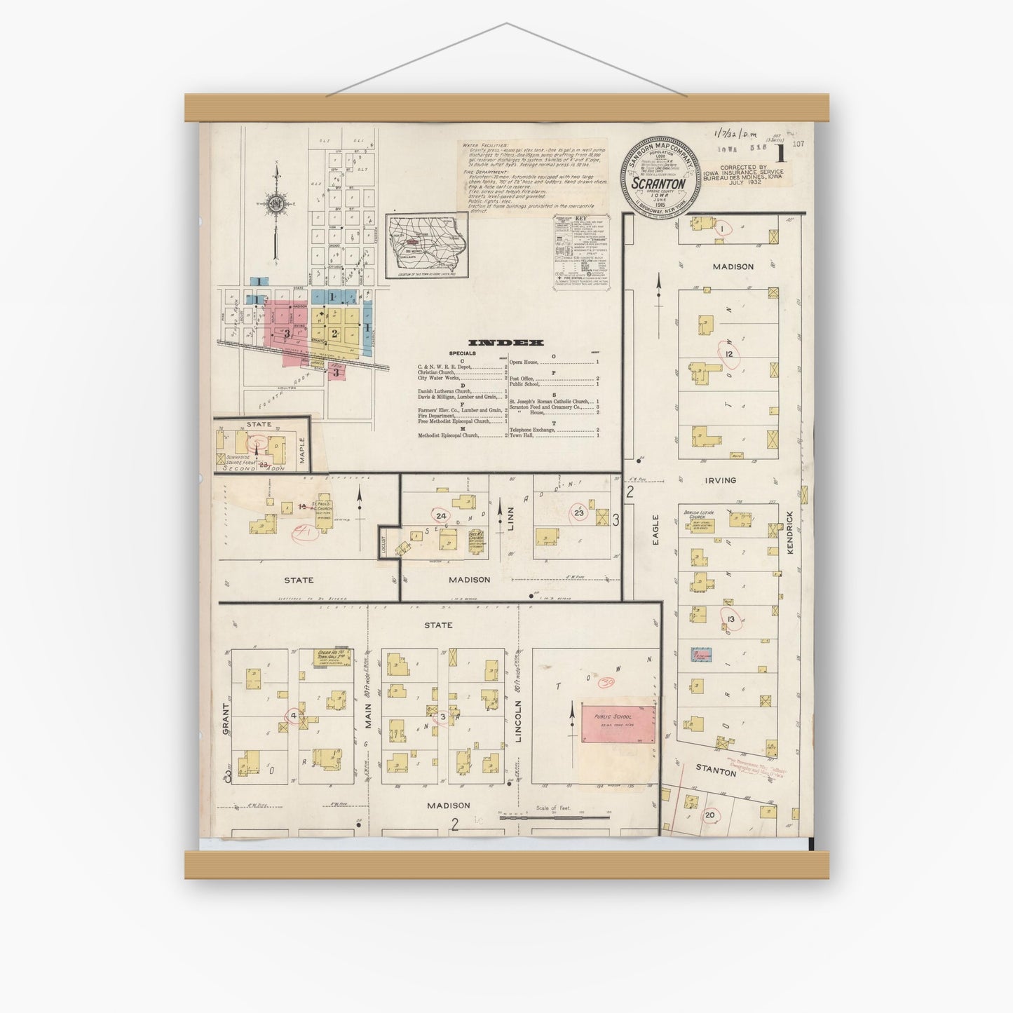 Old map wall art mockup — magnetic wood frame on white wall — Sanborn Fire Insurance Map from Scranton, Greene County, Iowa (1932), Sheet #0001