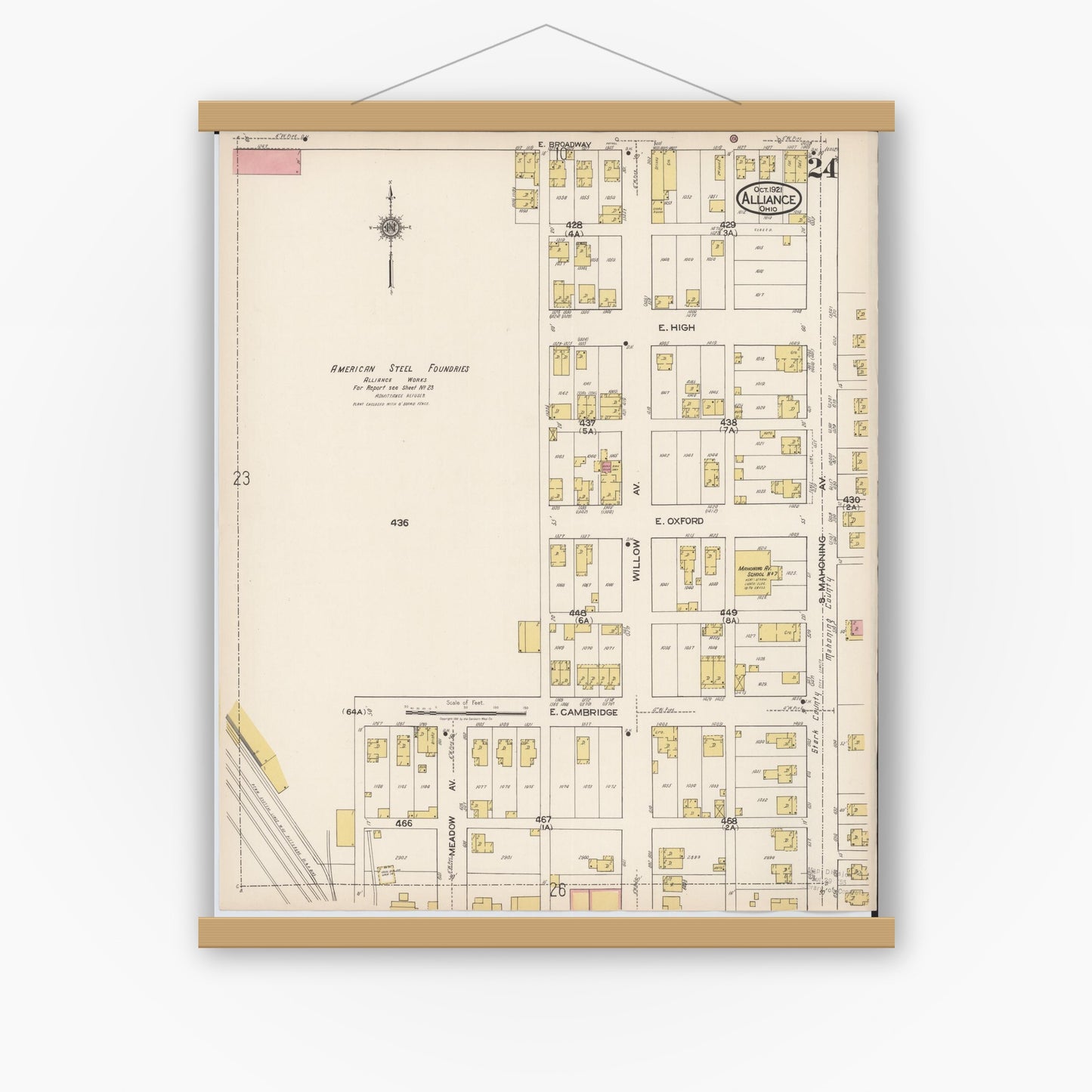 Old map wall art mockup — magnetic wood frame on white wall — Sanborn Fire Insurance Map from Alliance, Stark County, Ohio (1921), Sheet #0024
