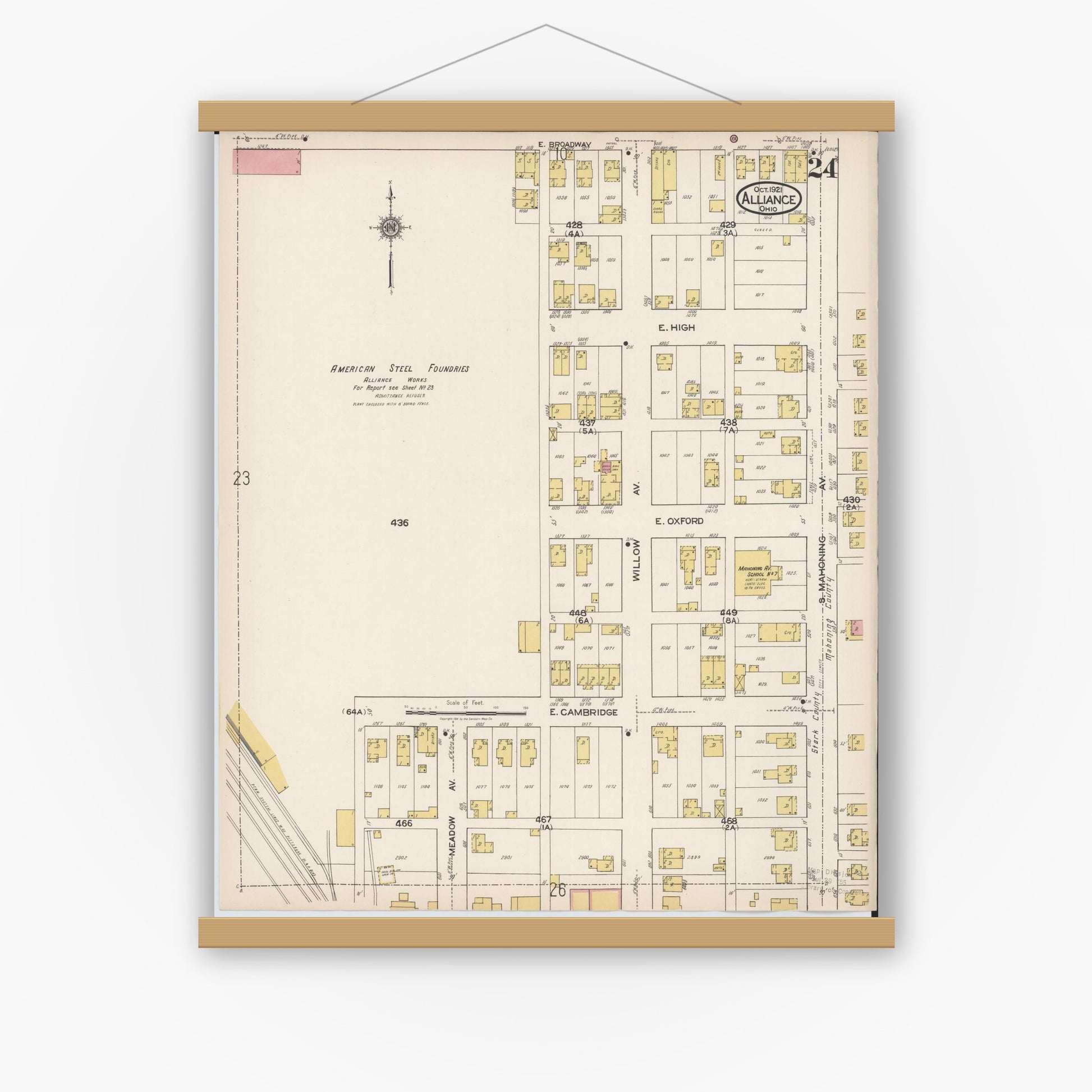 Old map wall art mockup — magnetic wood frame on white wall — Sanborn Fire Insurance Map from Alliance, Stark County, Ohio (1921), Sheet #0024