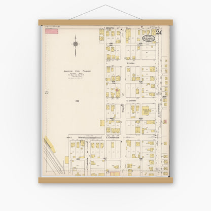 Old map wall art mockup — magnetic wood frame on white wall — Sanborn Fire Insurance Map from Alliance, Stark County, Ohio (1921), Sheet #0024