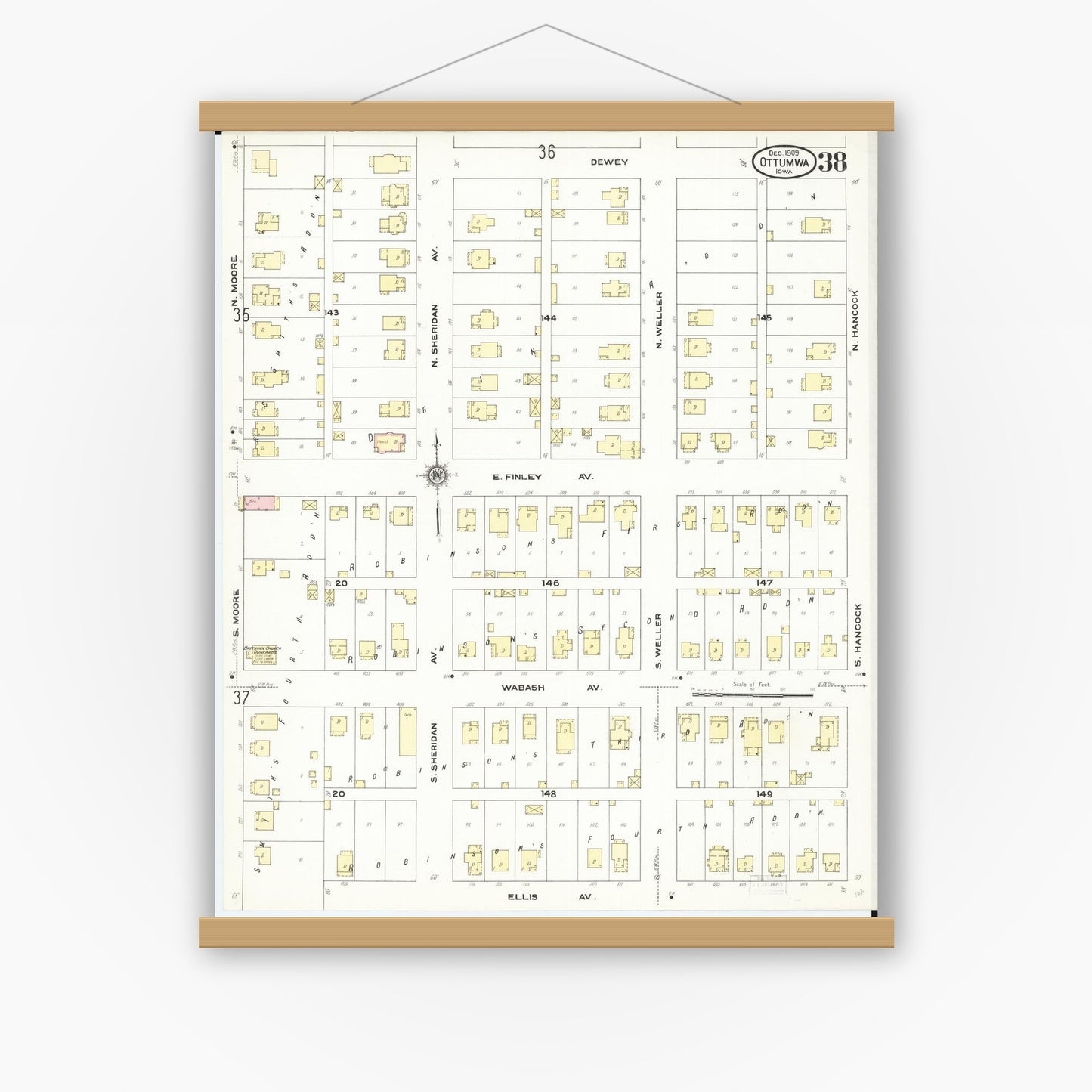 Old map wall art mockup — magnetic wood frame on white wall — Sanborn Fire Insurance Map from Ottumwa, Wapello County, Iowa (1909), Sheet #0038